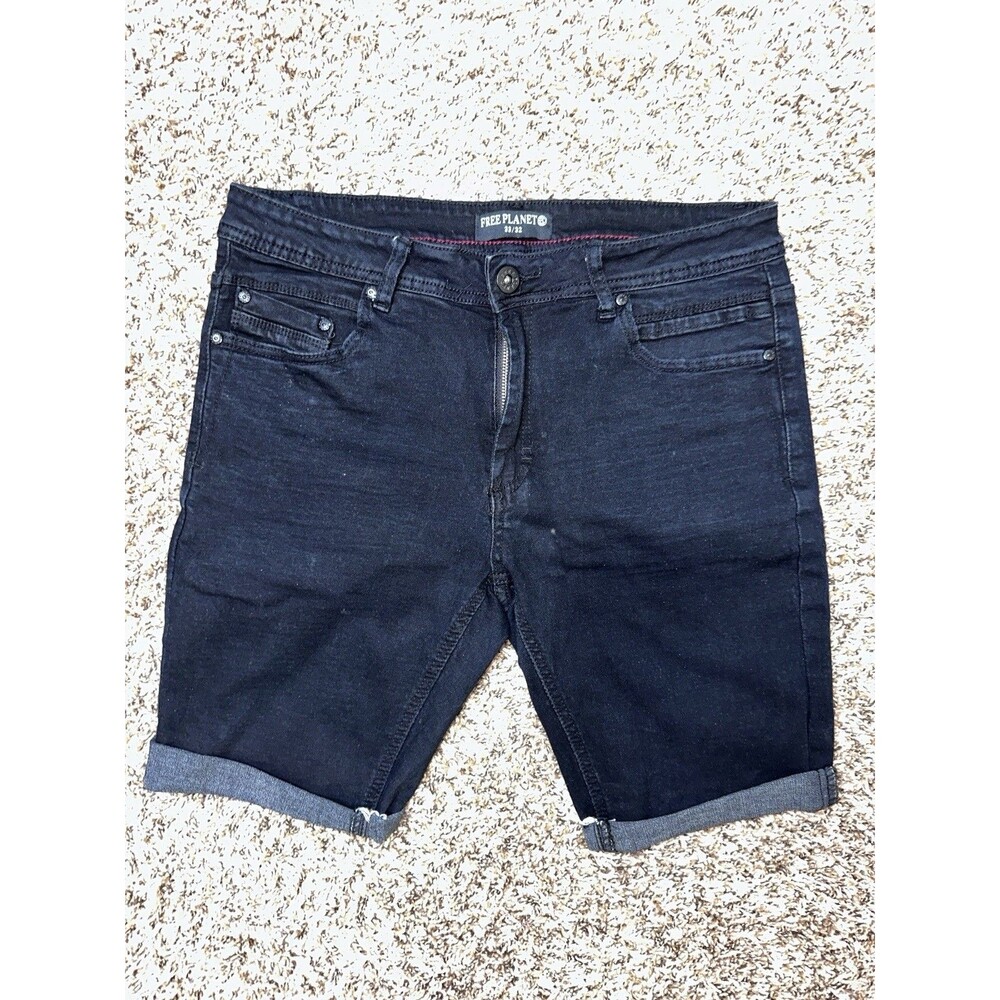 Free Planet Men's Bermuda Shorts Dark Blue Denim Flat Front 5-Pocket Design